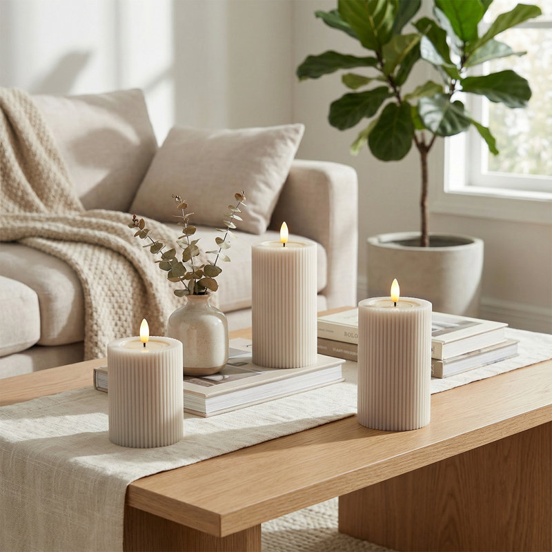 Fluted Ribbed LED Pillar Candles, with Reflective Melted-Wax Effect – Flickering Flame, Remote, Dimmable, Flameless, Battery Operated, Home & Wedding Decor (Set of 3)