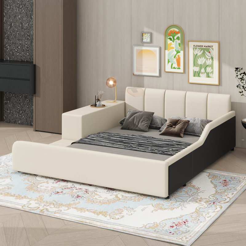 Grand lit tapissier à la terre, lit mère-enfant intégré avec table d'appoint et mini tabouret rond, Grand lit, Beige