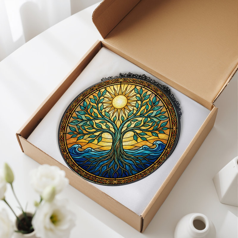Panneau de vitrail 12 "H Sun Tree, H 12 po x l 12 po