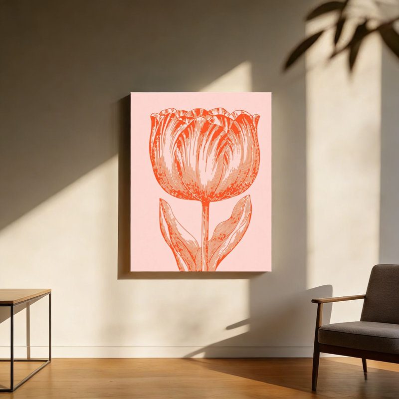 Tulipe rose et orange, cadre en bois à l'arrière intégré, l 20 x L 30