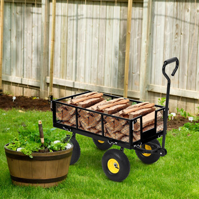 550 Lbs Steel Garden Cart, Heavy Duty Metal Garden Wagon with 10" Wheels, 3 in 1 Pullable Metal Garden Wagon, 180° Rotating Handle and Removable Sides for Farm, Yard