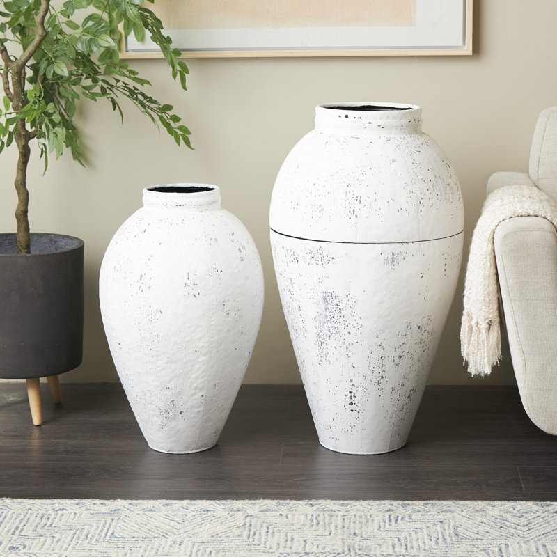 Neako Metal Tall Distressed Pot Floor Decorative White Vase Set