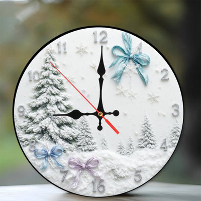 Snow-Covered-Clock-With-Trees-And-Bows
