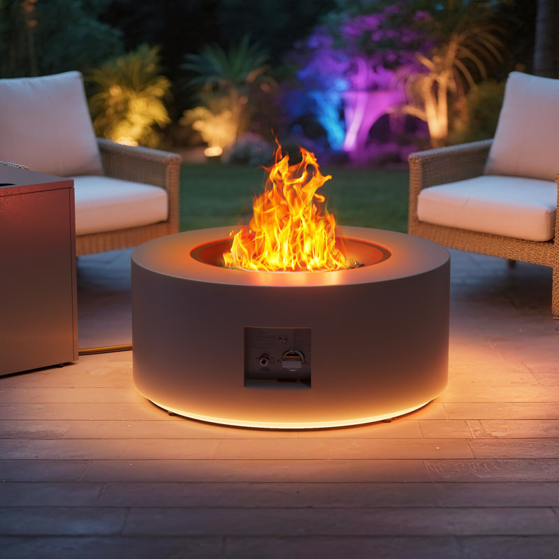 13.5’’ H X 30’’ W Round Steel Propane Smokeless Outdoor Fire Pit Table 50,000 Btu With Golden Light And Tank Storage Table