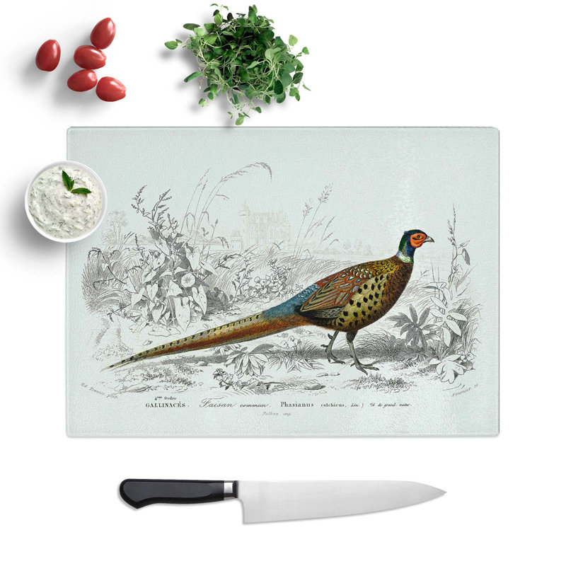 Tempered Glass Pheasant Illustration by Charles D' Orbigny Chopping Board, 28.5 cm W x 20 cm L