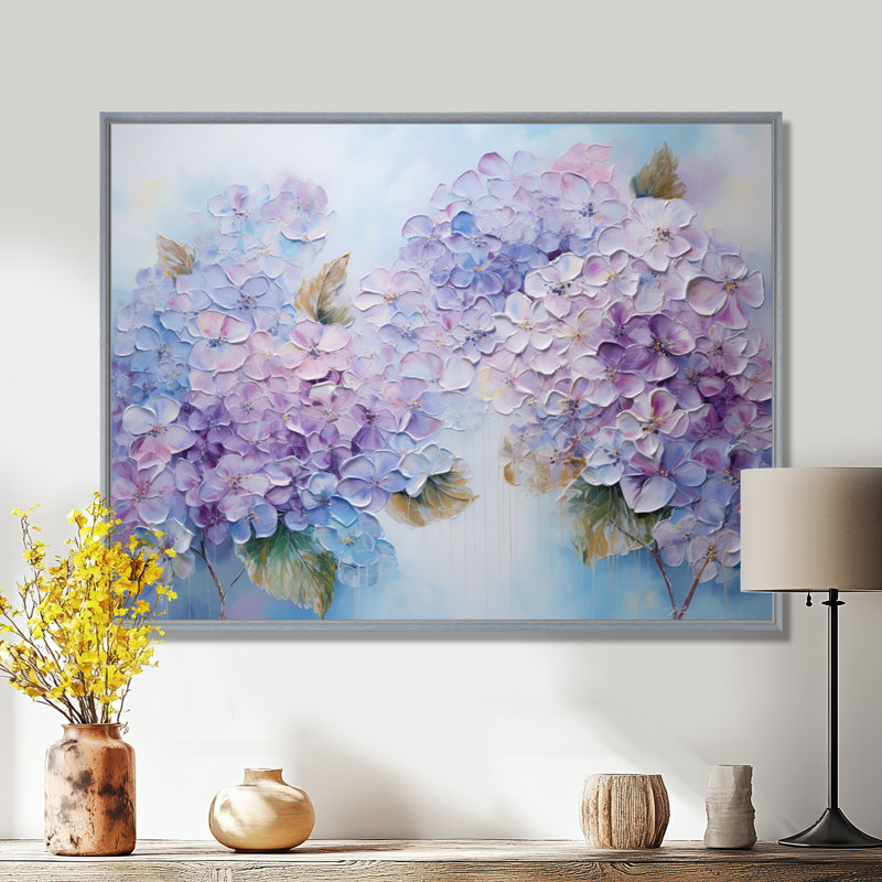 Fleurs d'hirangées mauves paradisiaques I - champ de fleurs, art mural, H 12 po x l 20 po x P 1 po, Encadrement argenté