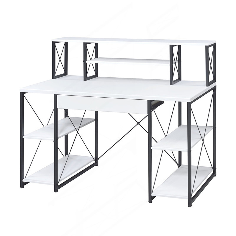 Bureau d'écriture avec un tiroir et 8 compartiments ouverts, White/White+Black
