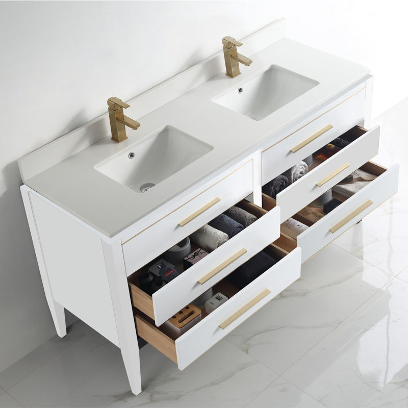 Ayer 60" White and Brass Double Bathroom Vanity Set