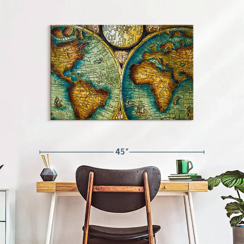 Carte du vieux monde sur toile, H 26 po x l 39 po x P 1,25 po