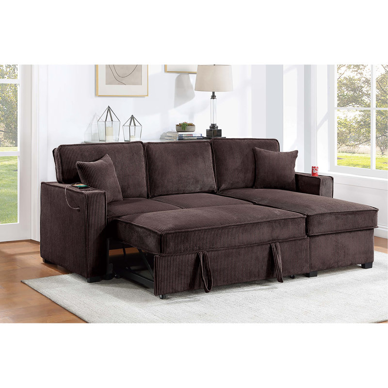 Canapé modulaire moderne de 2 pièces pour la vie principale avec porte-gobelet, fauteuil, chaise réversible et coussins assortis dans un port convertible chocolat, tissu de rangement caché