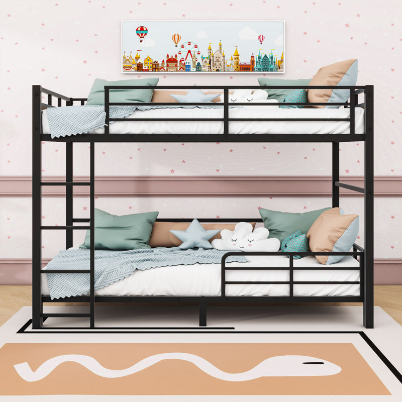 Metal Bunk Bed With Safety Rai, Vintage Wood, Extra Long Twin Over Extra Long Twin