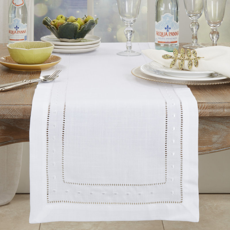 White Embroidered Hemstitch Polyester Table Runner, 16" x 36"