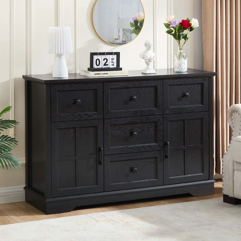 Farmhouse 5 - Drawers Dresser Organizer for Bedroom, Wood Rustic Wide Chest of Drawers, Black