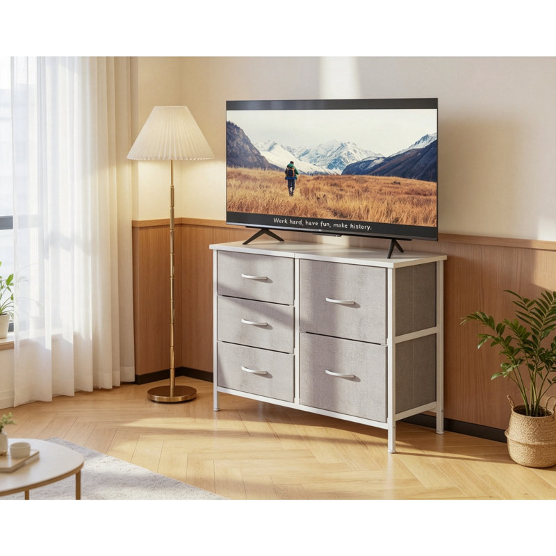 Light Grey Small Chest of Drawers, 5 Fabric Drawer Bedroom Storage Unit, Wooden Top & Sturdy Steel Frame, 2 Large + 3 Small Drawers, 76 x 29 x 60cm