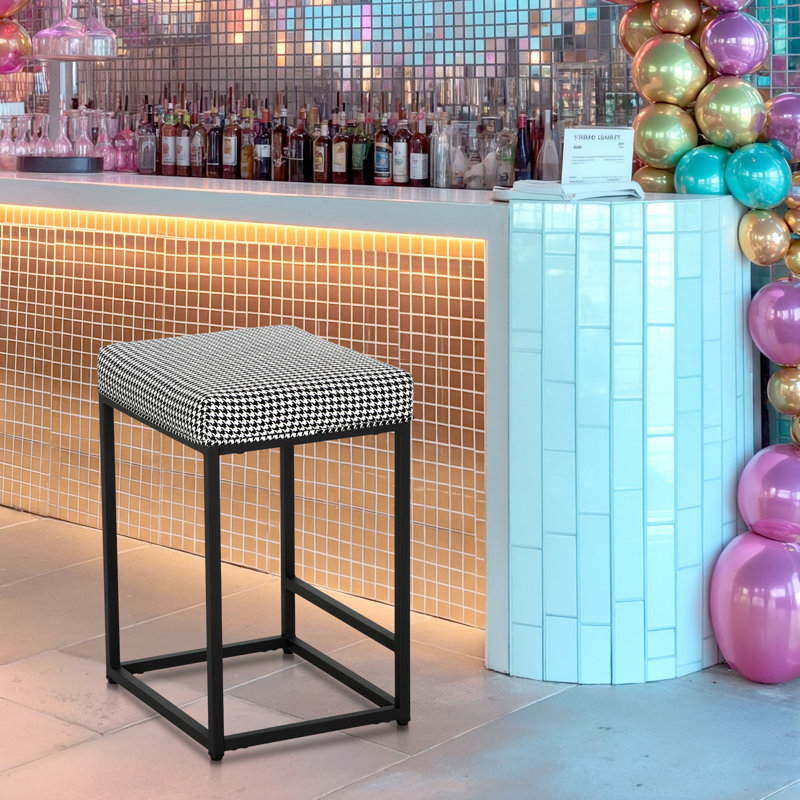 Tuckerman Industrial Bar Stools Set - Rust Steel Frame with Foam Cushions & Anti-Slip Pads, Black/White Houndstooth, 2
