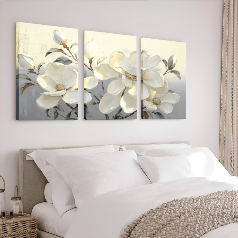 Ensemble de 3 toiles murales à motif floral de magnolia blanc - motif floral élégant pour salon, chambre ou décoration intérieure