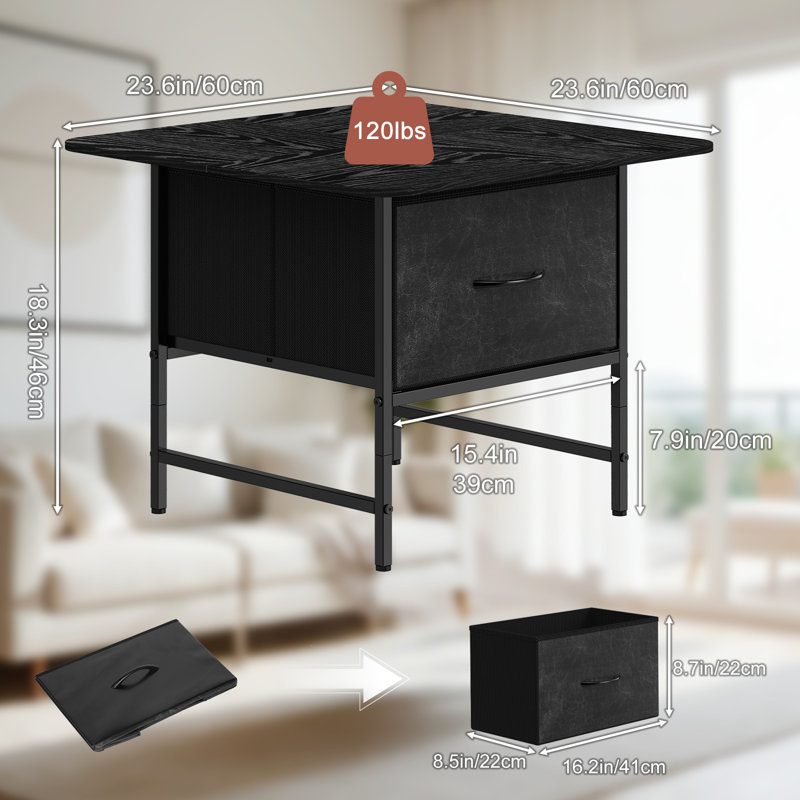 23.6" Square Black End Table 120lbs Capacity Coffee Side Table for Living Room Bedroom