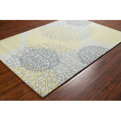 Tapis floral contemporain en laine touffeté à la main gris et jaune Stella