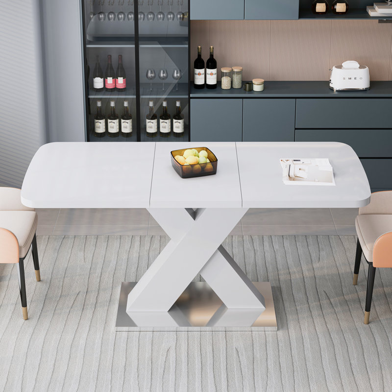 Table de salle à manger extensible, pied de table en X avec base en métal (, Marbre blanc, Blanc