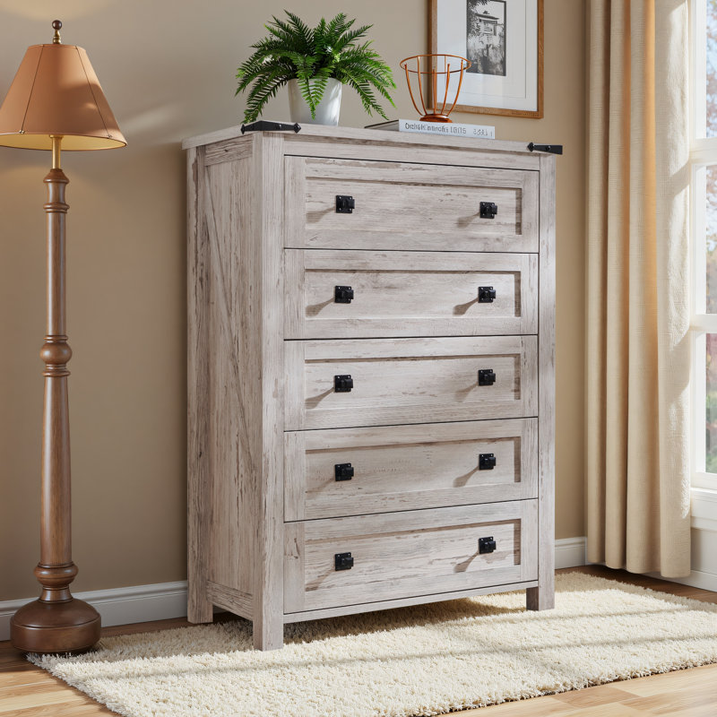 Commode en bois Farmhouse - 5 tiroirs, rangement polyvalent, Blanc antique