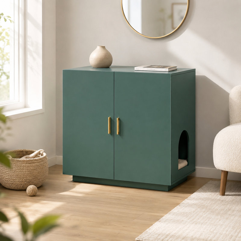 Enceinte de litière rétro pour chat vert foncé, contrôle des odeurs entièrement fermé, poignées dorées, peut être utilisée comme table d'appoint