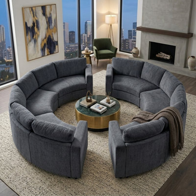 Curved Modular Sectional Sofa, 2 Sets of 3-Seat Semi-Circular Chenille Couches, Deep Seating Modern Round Sofa with Soft Upholstery, Contemporary Conversation Sofa for Living Room & Apartment