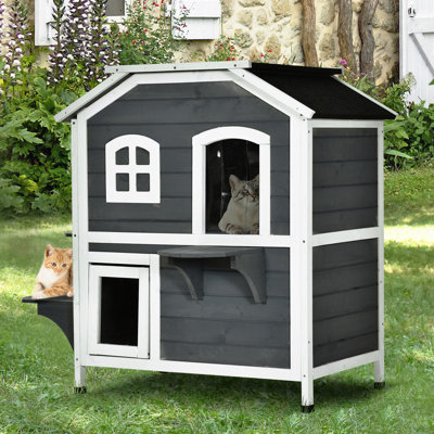 2-story Outdoor Cat Shelter Of , Wooden With Door For Escape, Openable Roof & Jumping Platforms, Gray Housing - Wooden. Escape Door, Roof, Platforms.