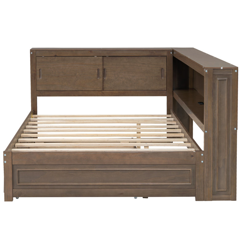 Lit de jour en bois pleine grandeur avec tablettes de rangement, USB, DEL et lit gigogne