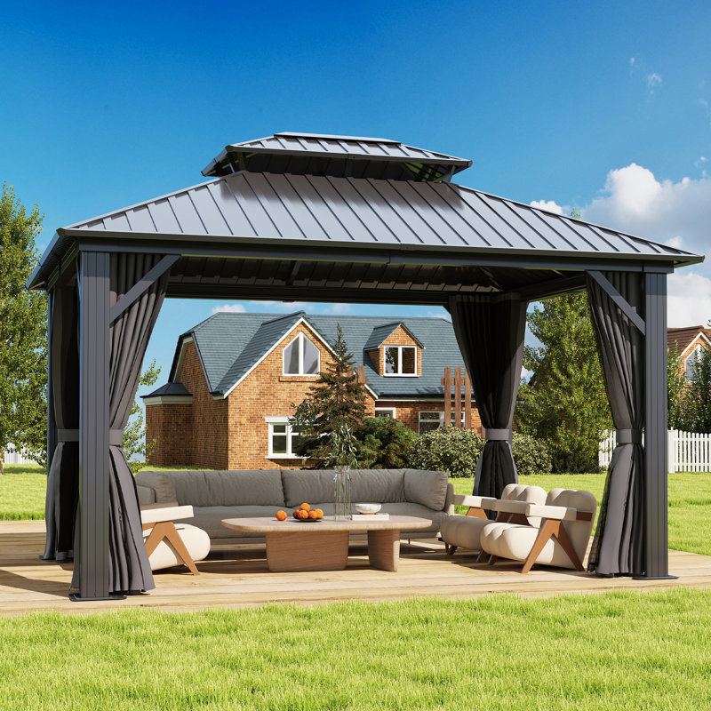 Outdoor Aluminum Patio Gazebo, Galvanized Steel Hardtop Gazebo with Privacy Curtain and Mosquito Netting, 12 Ft. W x 14 Ft. D