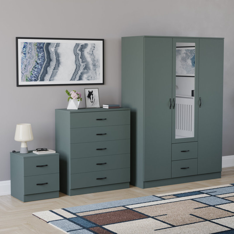 Maybery 3 Piece Bedroom Set (2 Drawer Bedside Chest, 5 Drawer Chest, 3 Door 2 Drawer Mirrored Wardrobe), (5), Green