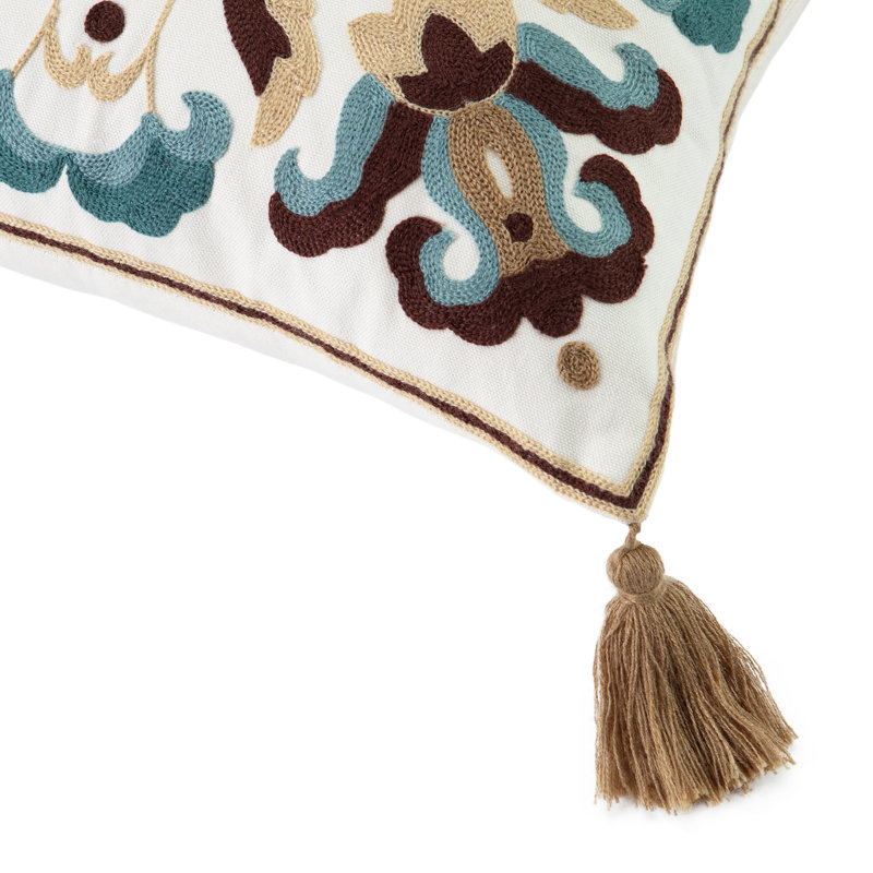 Embroidered Farmhouse 18" Cotton Polyester Pillow Cover with Tassels