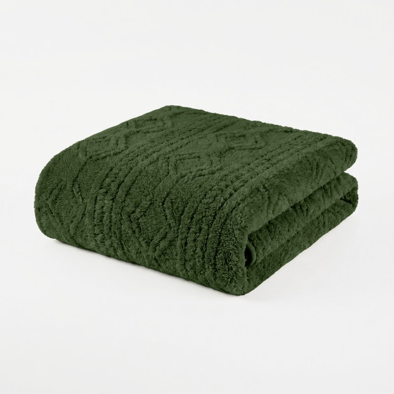 Boho Knit Jacquard Fleece Plush Blanket Medium Weight Fluffy Bedding, Full/Queen, Green