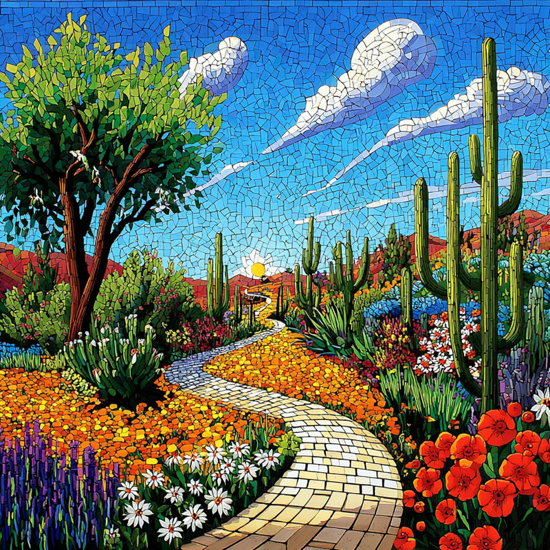Sunlit Desert Trail - Art mural sur toile mosaïque colorée, H 20 po x l 20 po