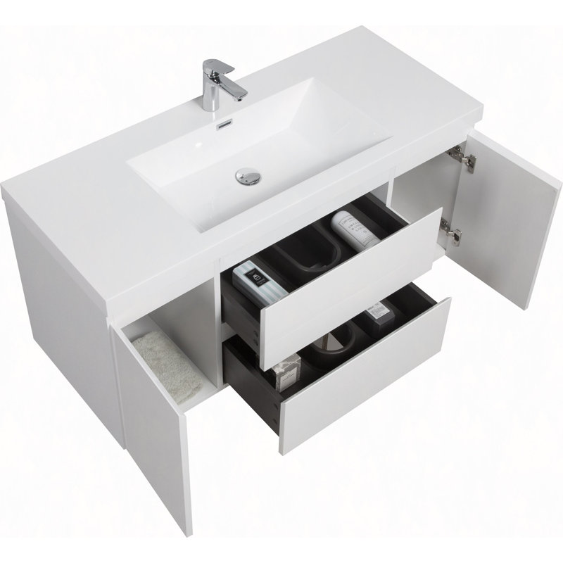 Meuble-lavabo flottant 48 po avec lavabo, meuble-lavabo mural avec lavabo à surface solide et tiroirs à fermeture en douceur 48 po