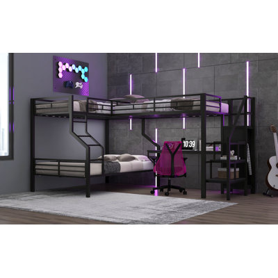 Twin Over Full L-Shaped Bunk & Loft Bed, Built-In Wardrobe And Desk With USB
