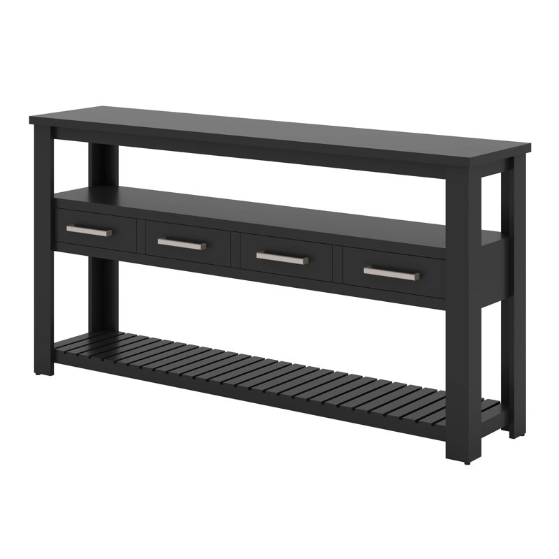Console de 62,2 po avec 4 tiroirs et 3 tablettes de rangement à 3 niveaux, table d'appoint moderne en bois, Noir