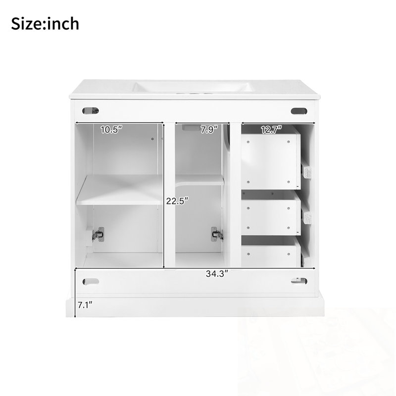Meuble-lavabo avec lavabo en céramique, tablette réglable et 3 tiroirs, Blanc