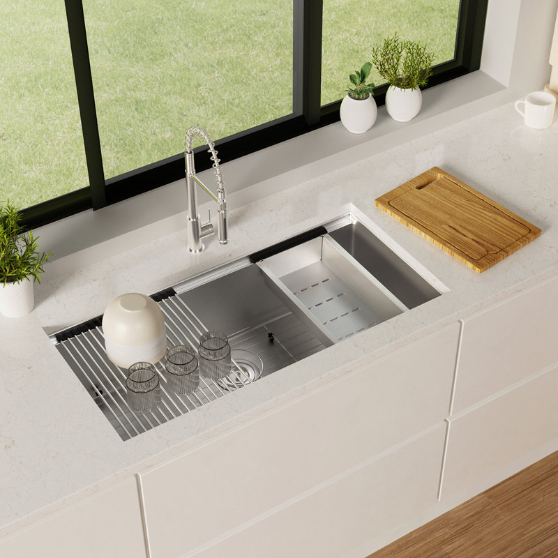 36 In. Undermount Deep Single Bowl 16 Gauge Workstation Kitchen Sink Stainless Steel With Integrated Ledge & Accessories