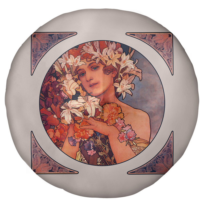 Coussin de sol alphonse mucha couronne of fleurs, Orange, 31,5 po x 63 po