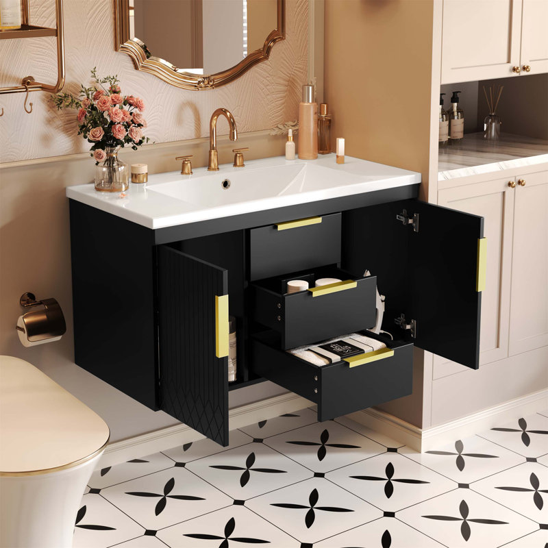 Meuble-lavabo mural 36 po avec lavabo en résine, armoire de rangement flottante et 2 tiroirs pour salle de bain moderne