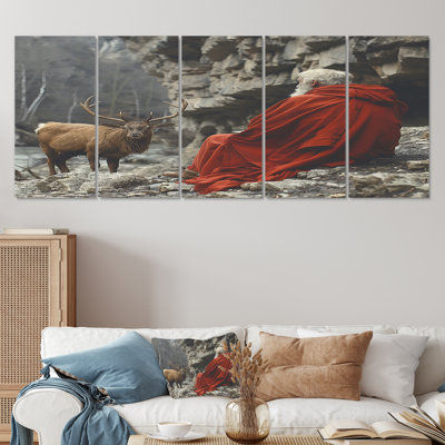 The Red Traveller With The Mountain Deer - Man Wall Art Decor 5 Piece