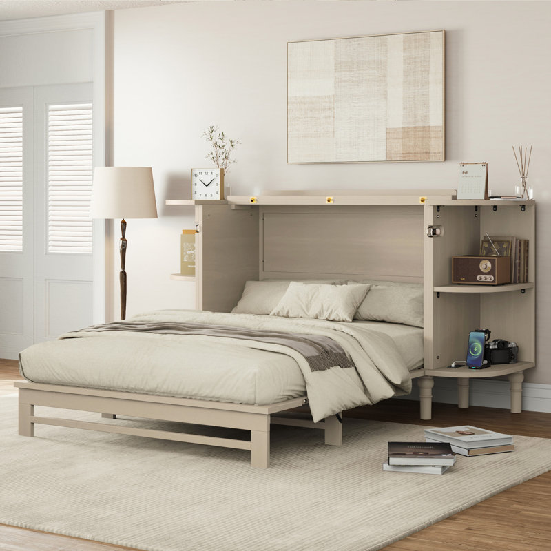 Armoire-lit en bois de pin massif avec station de charge et 2 tablettes ouvertes, Double, Crème Ceylan