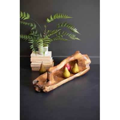  Grand bol ovale en bois de teck avec poignée décorative de table finition décorative brune brillante