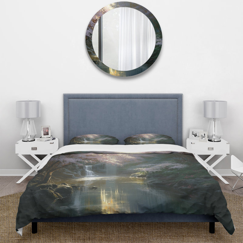 Cherry Blossom Stream II - Tree Cherry Blossom Duvet Cover Set, King Duvet Cover + 2 King Shams