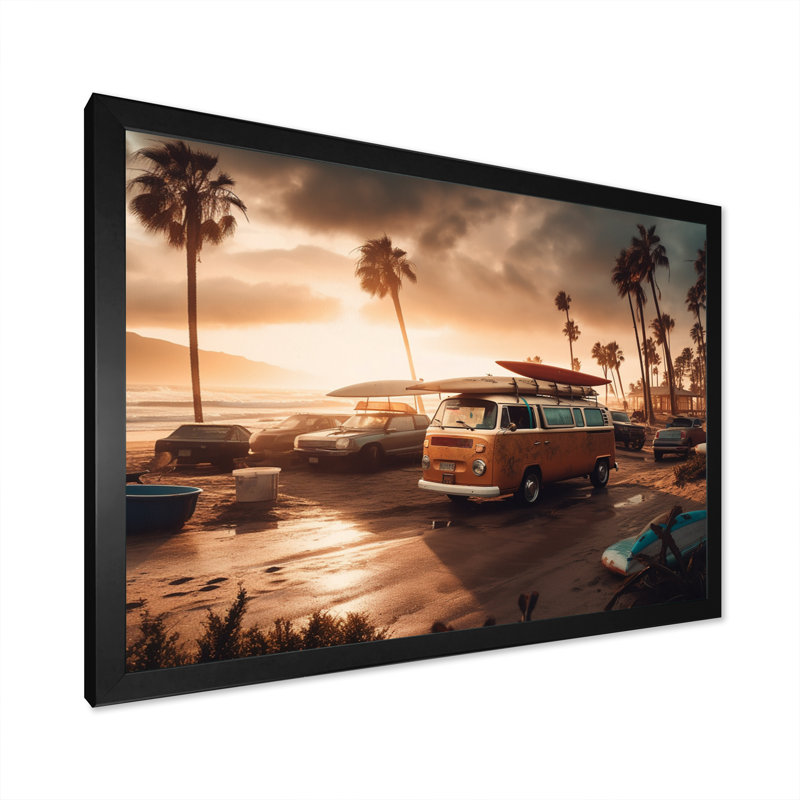 «Beachside Camping III - Modern Beach», reproduction d'art murale en bois, H 34 po x l 44 po x P 1,5 po, Cadre photo noir