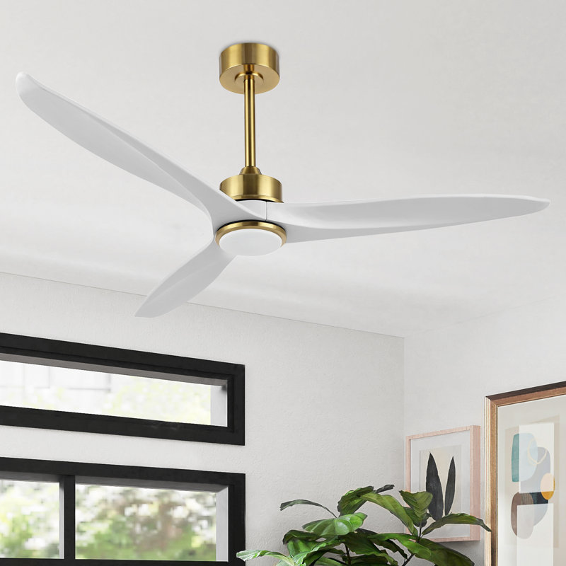Ventilateur de plafond à 3 pales en bois massif avec télécommande Wivenhoe, 60 po de largeur, Or avec pales blanches, Yes