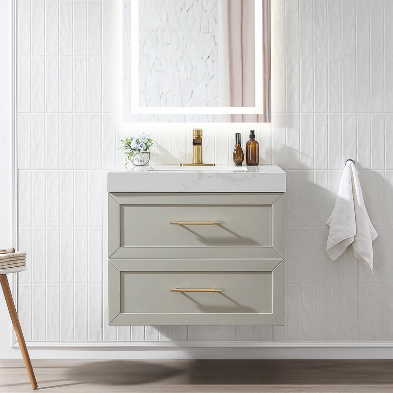 30" Wall Mounted Single Bathroom Vanity with Quartz Top, Gray