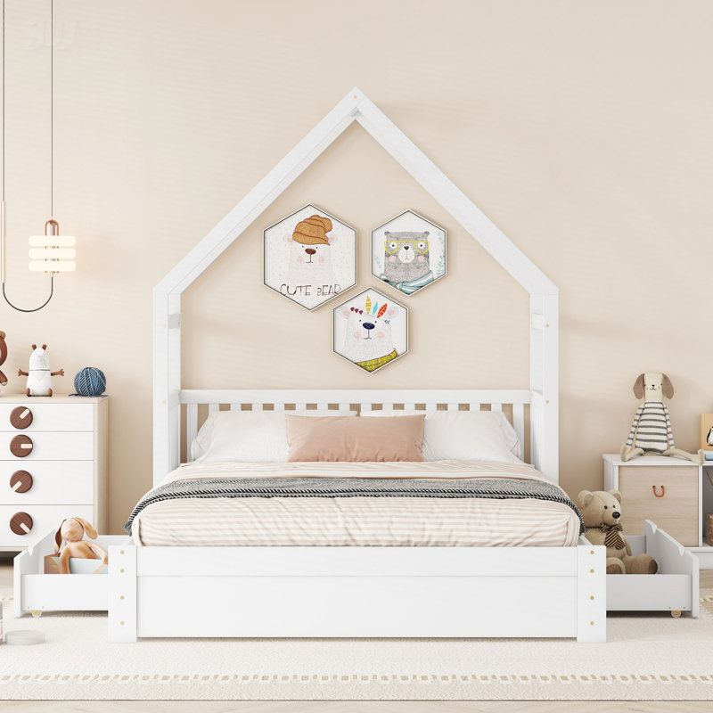 Wood Queen Size House Platform Bed With Guardrail, White