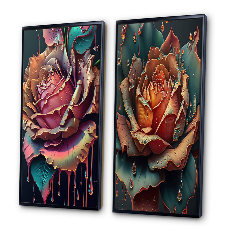 «Modern Blooming Rose», 2 pièces sur toile, Cadre noir, H 20 po x l 24 po