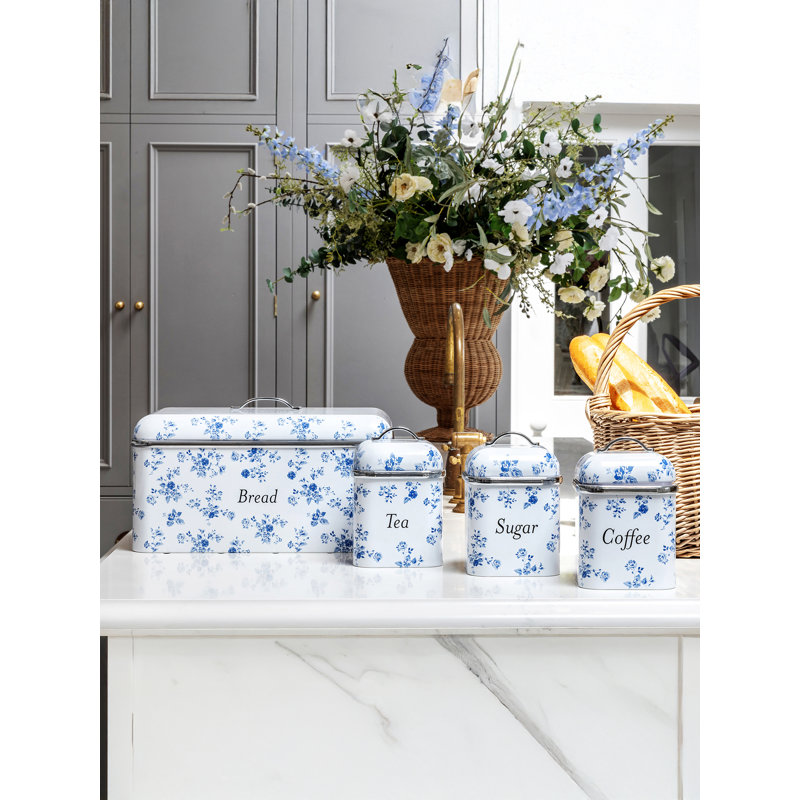 Laura Ashley Bread Bin Removable Lid, Stainless Steel and Set of 3 Canisters With Hand Applied Print, China Rose